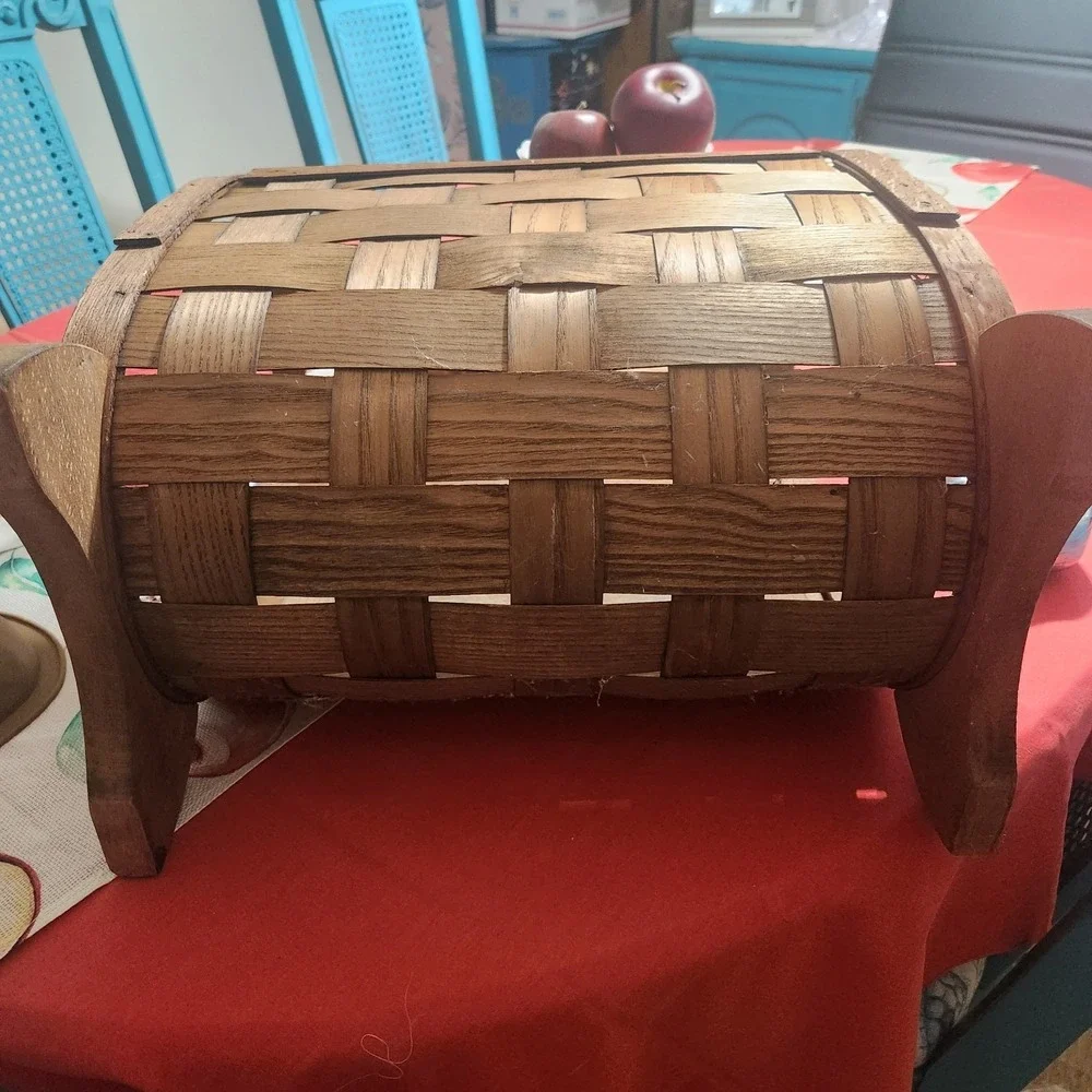 Vintage Handmade Wooden Woven Basket Magazine Rack Farmhouse Primitive Decor